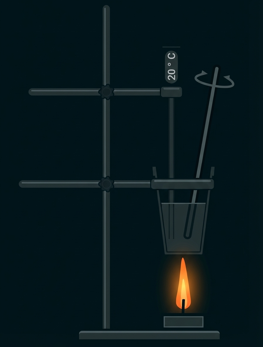 Stativ mit Klemmen, Becherglas über Brenner, Thermometer (20 °C) und Rührstab